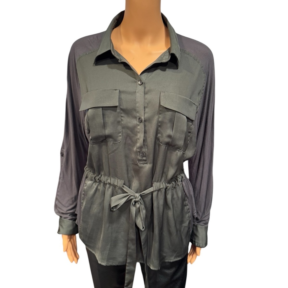 NEW YORK AND COMPANY Gray Button-Down Tie Waist Blouse Large - Picture 1 of 7